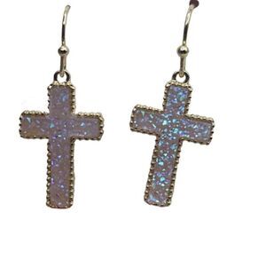 NWT Chic & Chic shimmering druzy quartz cross in opal pink earrings.
